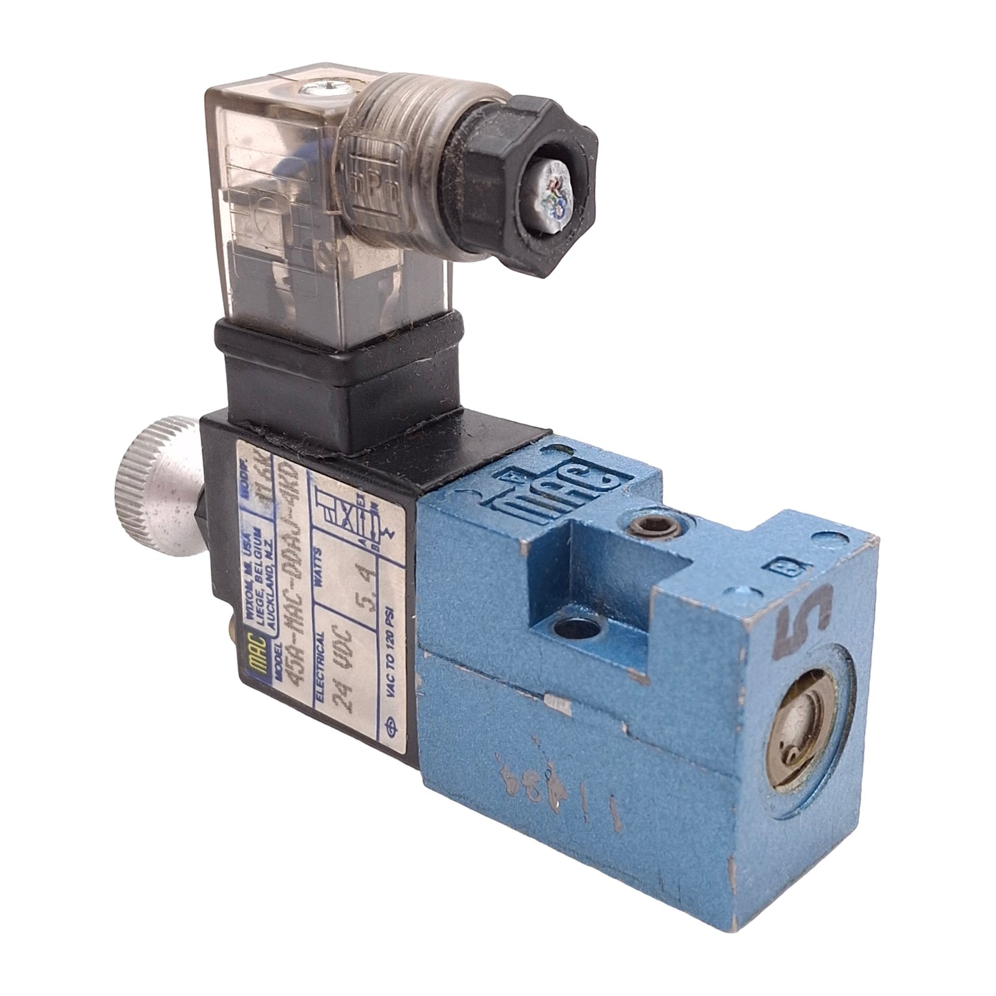 Used MAC 45A-MAC-DDAJ-4KD Solenoid Valve, 4-Way 2-Position, Vac-120PSI, 24VDC Coil