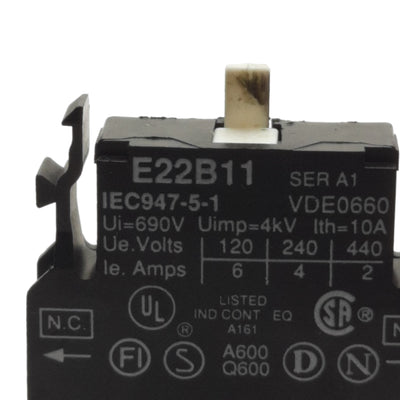Used Eaton Cutler Hammer E22B11 Pushbutton Contact Block, 1NO & 1NC, 690VAC 10A