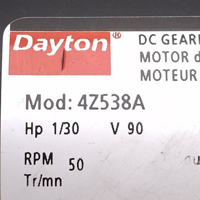 Used Dayton 4Z538A Gearmotor, 90VDC 0.42A, 1/30HP, 26in-lbs, 50RPM, ø8mm Shaft