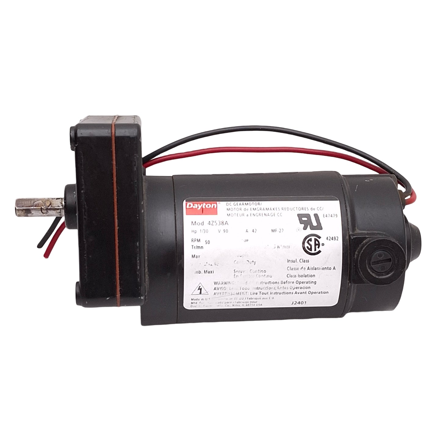 Used Dayton 4Z538A Gearmotor, 90VDC 0.42A, 1/30HP, 26in-lbs, 50RPM, ø8mm Shaft