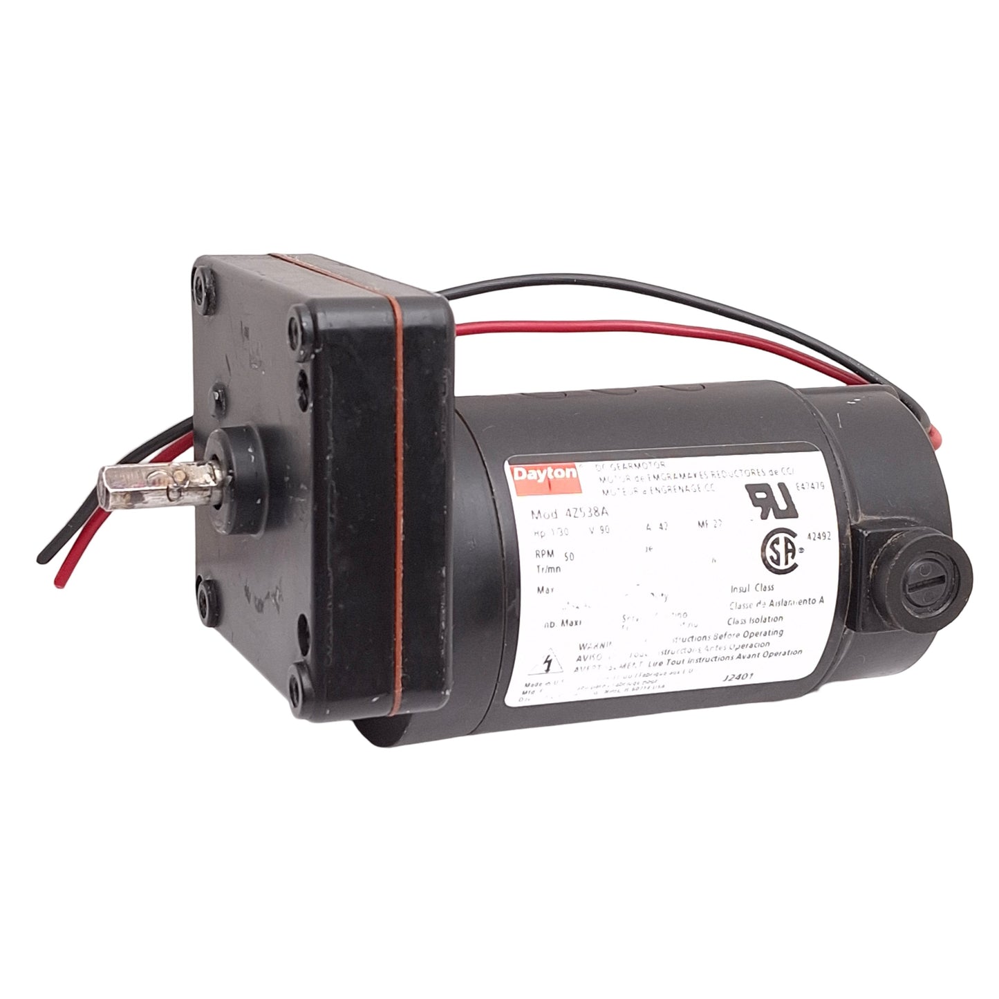 Used Dayton 4Z538A Gearmotor, 90VDC 0.42A, 1/30HP, 26in-lbs, 50RPM, ø8mm Shaft