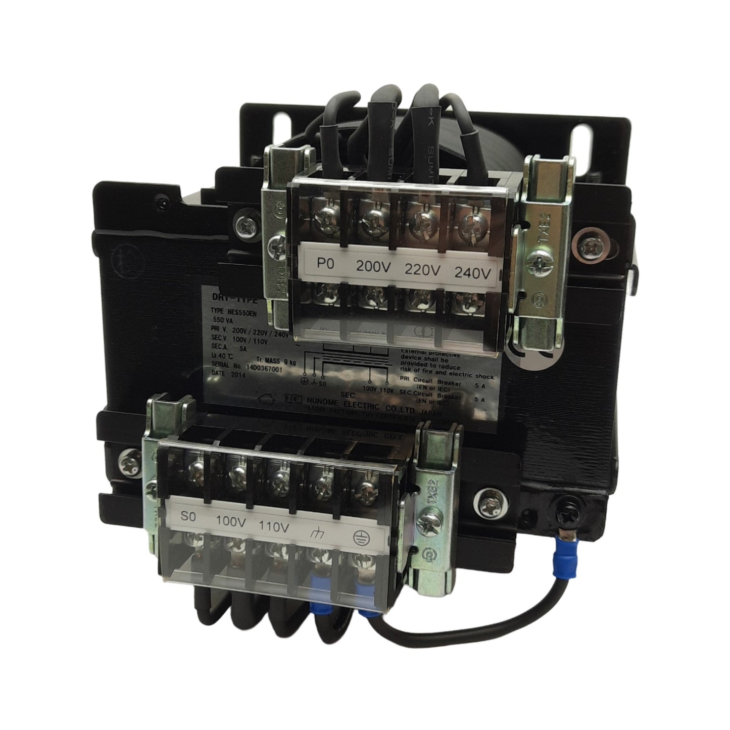 New Nunome Electric NES550EN Dry Transformer, Pri 200/240VAC Sec 100/110VAC 5A 60Hz
