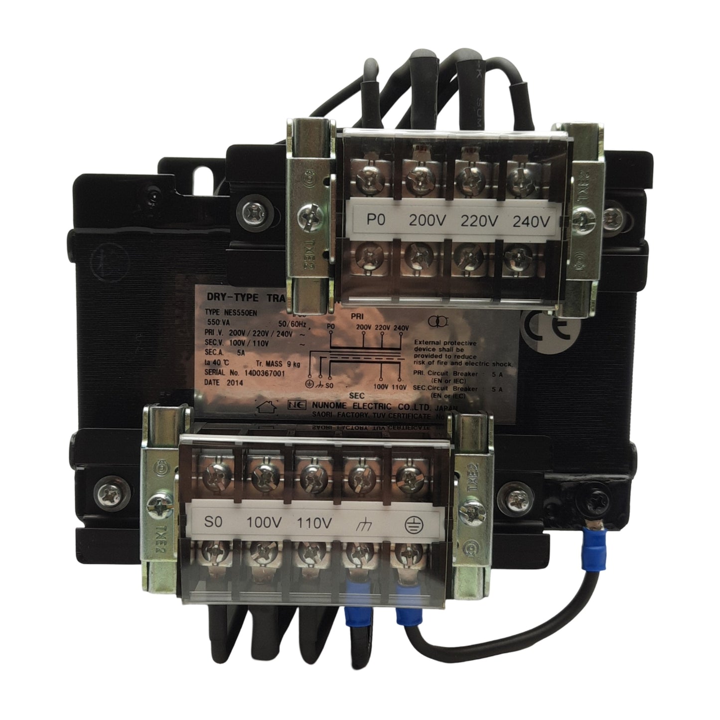 New Nunome Electric NES550EN Dry Transformer, Pri 200/240VAC Sec 100/110VAC 5A 60Hz