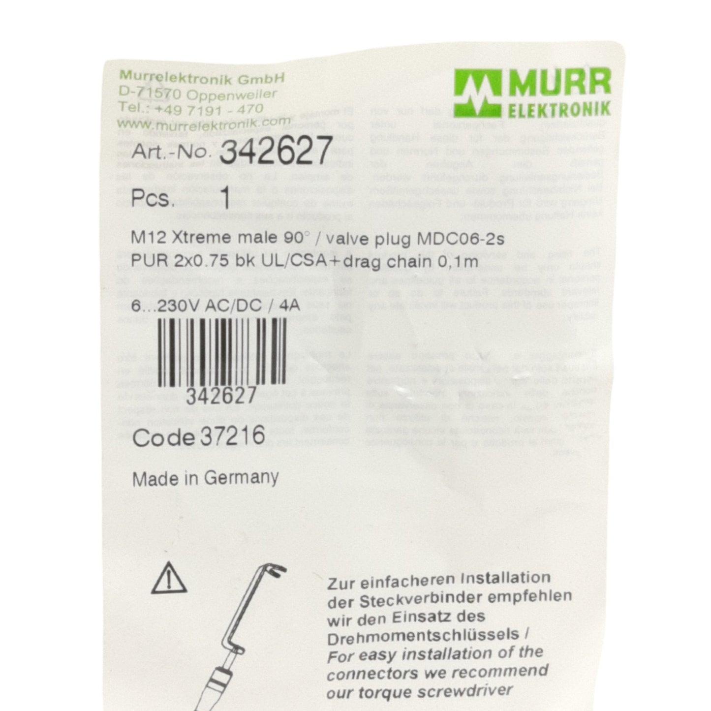 New Murrelektronik 342627 Cordset Extreme M12 Male 4-Pin to Valve Plug MDC06-2s, 8in