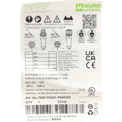 New Murrelektronik 7000-P4241-P040350 Cordset M12 Male & Female 5-Pin L Code 3.5m