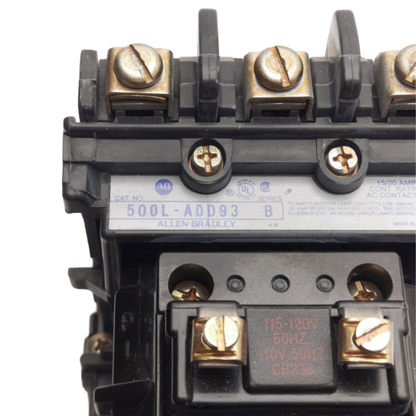 Used Allen Bradley 500L-AOD93 Lighting Contactor 3-P, 15/20A Contact, 110/120VAC Coil