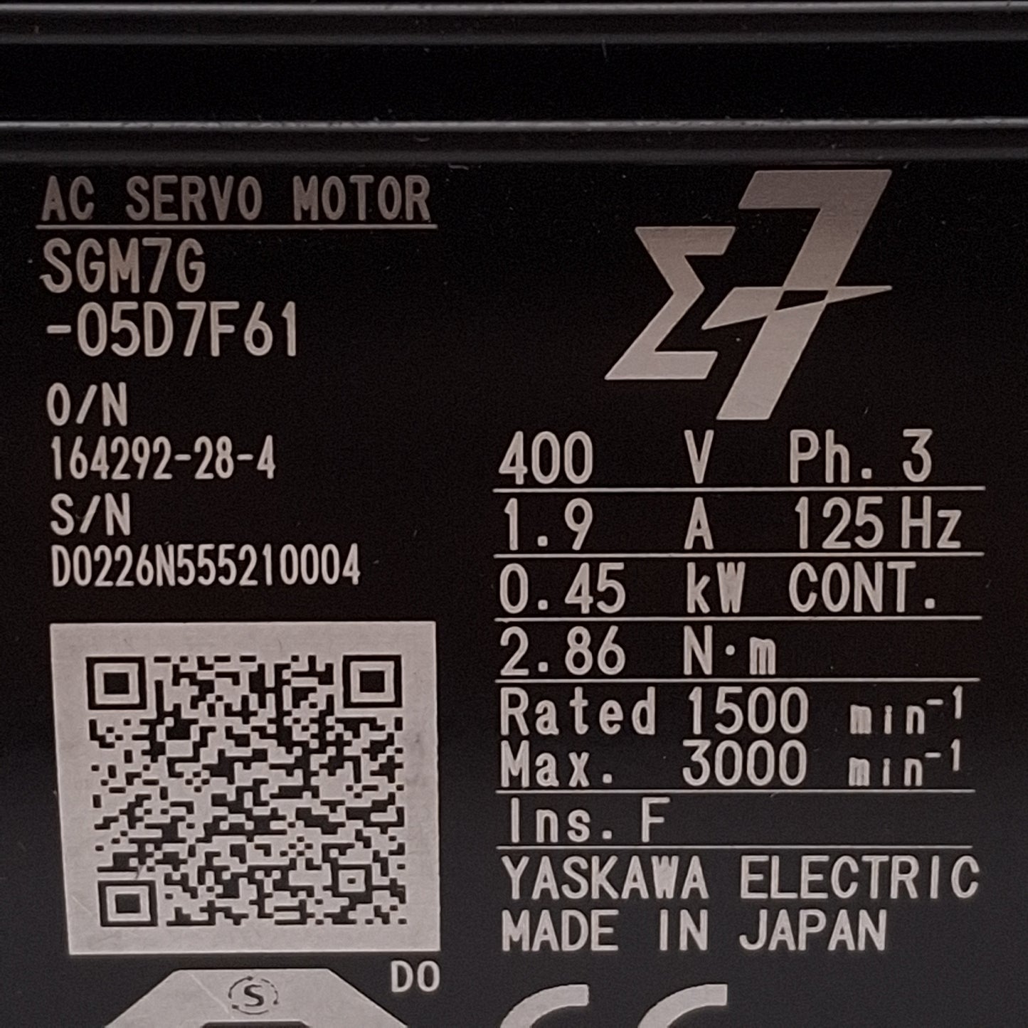 Used Yaskawa SGM7G-05D7F61 Servo Motor 3Ø 400VAC 0.45kW, 1500RPM, ø16mm Shaft, 2.86Nm