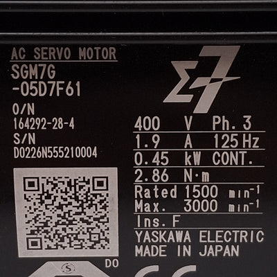 Used Yaskawa SGM7G-05D7F61 Servo Motor 3Ø 400VAC 0.45kW, 1500RPM, ø16mm Shaft, 2.86Nm