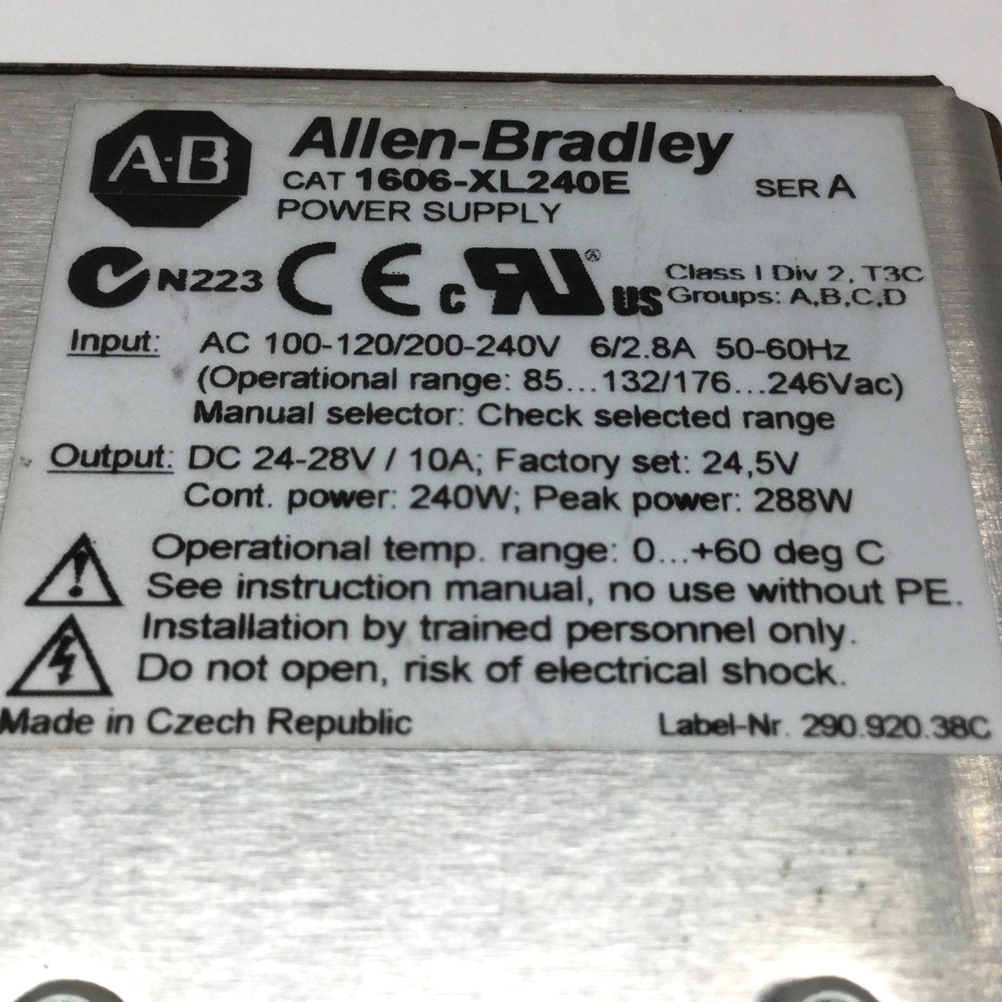 Used Allen Bradley 1606-XL240E Power Supply 100-120/200-240VAC In, 24VDC 10A Out 240W