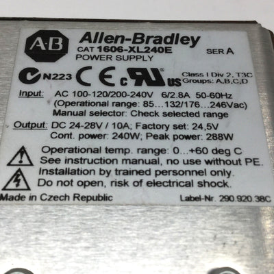 Used Allen Bradley 1606-XL240E Power Supply 100-120/200-240VAC In, 24VDC 10A Out 240W