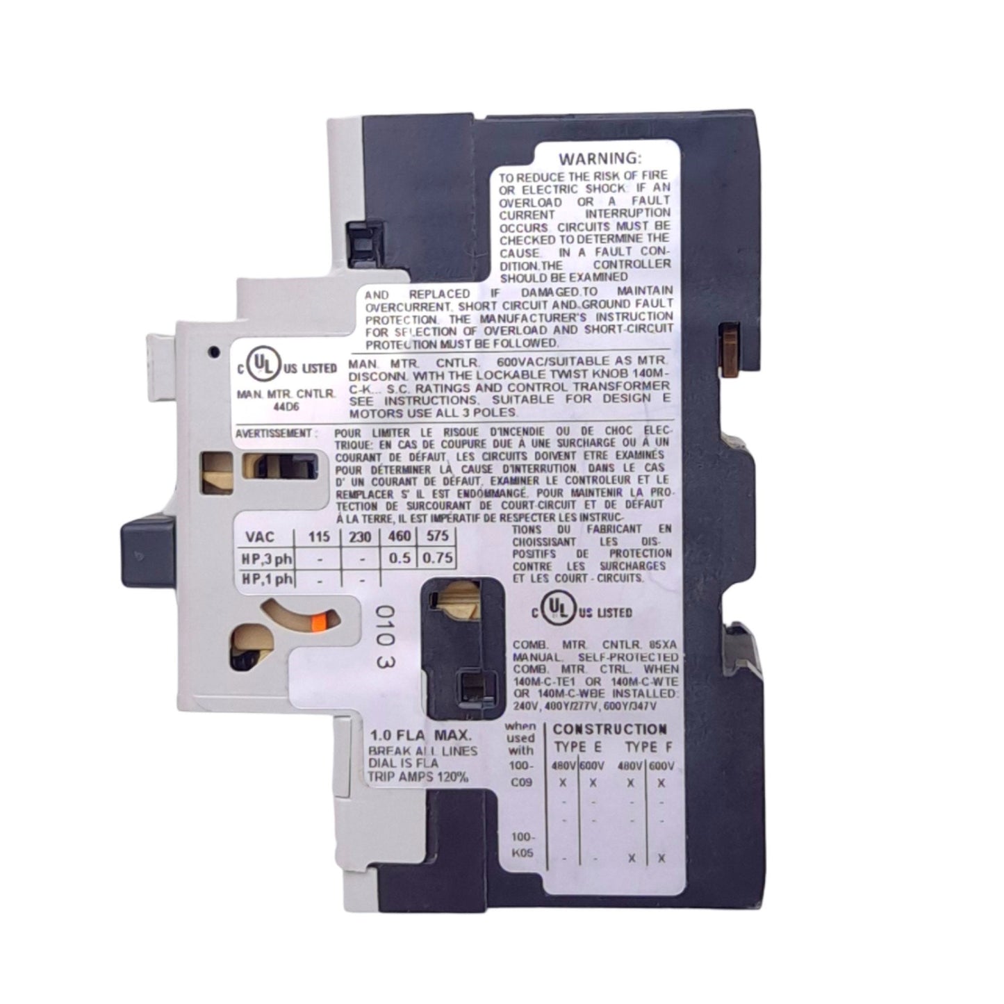 New Allen Bradley 140M-C2E-B10 Motor Circuit Breaker, 3-Pole, 0.63-1.0A 600VAC