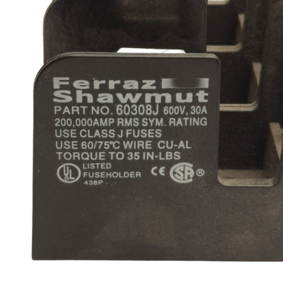 New Ferraz Shawmut 60308J Fuse Holder Block, 3-Poles, Class J, 600V 30A
