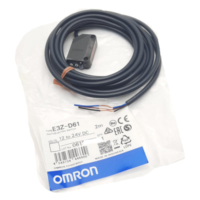 New Omron E3Z-D61 Photoelectric Sensor, NPN, 12-24VDC, 3-Wire Lead 2m, 5-100mm Range