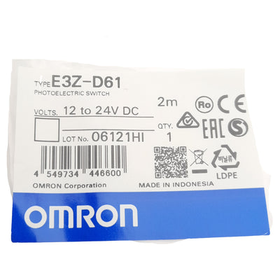 New Omron E3Z-D61 Photoelectric Sensor, NPN, 12-24VDC, 3-Wire Lead 2m, 5-100mm Range