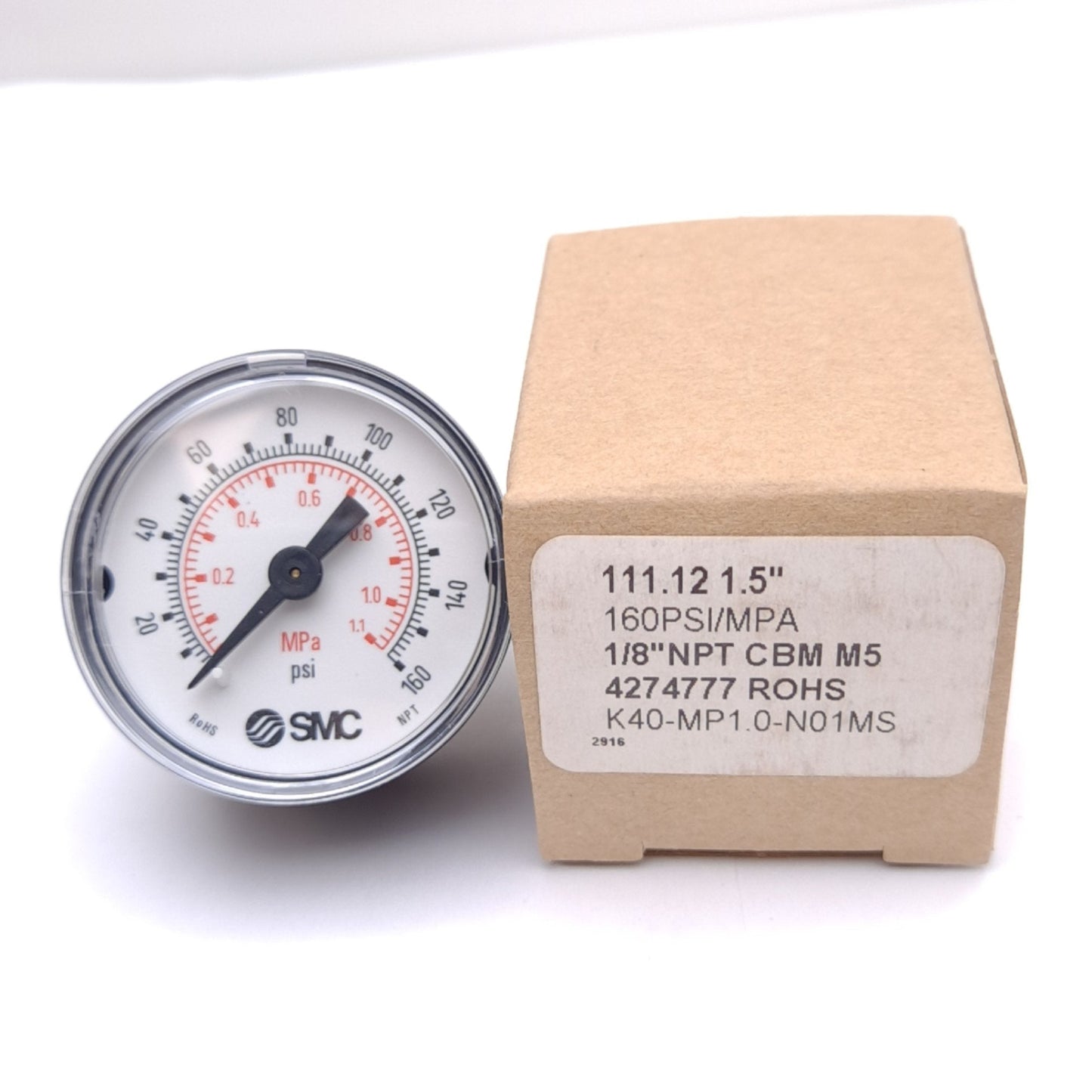 New Lot of 3 SMC K40-MP1.0-N01MS Pressure Gauges, ø40mm, 1/8 NPT, 1.1MPa/160psi