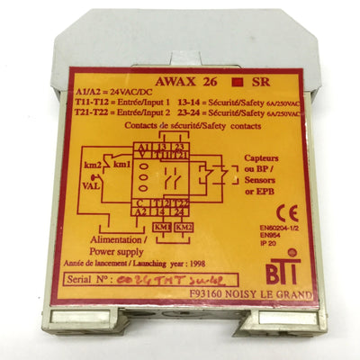 Used BTI AWAX 26 SR E-Stop Controller Safety Relay 2NO, 250VAC 6A, 24V AC/DC