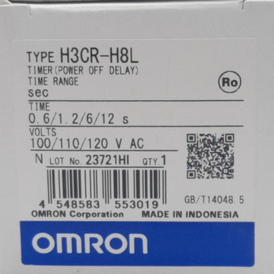 New Omron H3CR-H8L Time Delay Relay, 100-120VAC, 5A 250VAC, 0.05s-12s, 8-Pin Octal