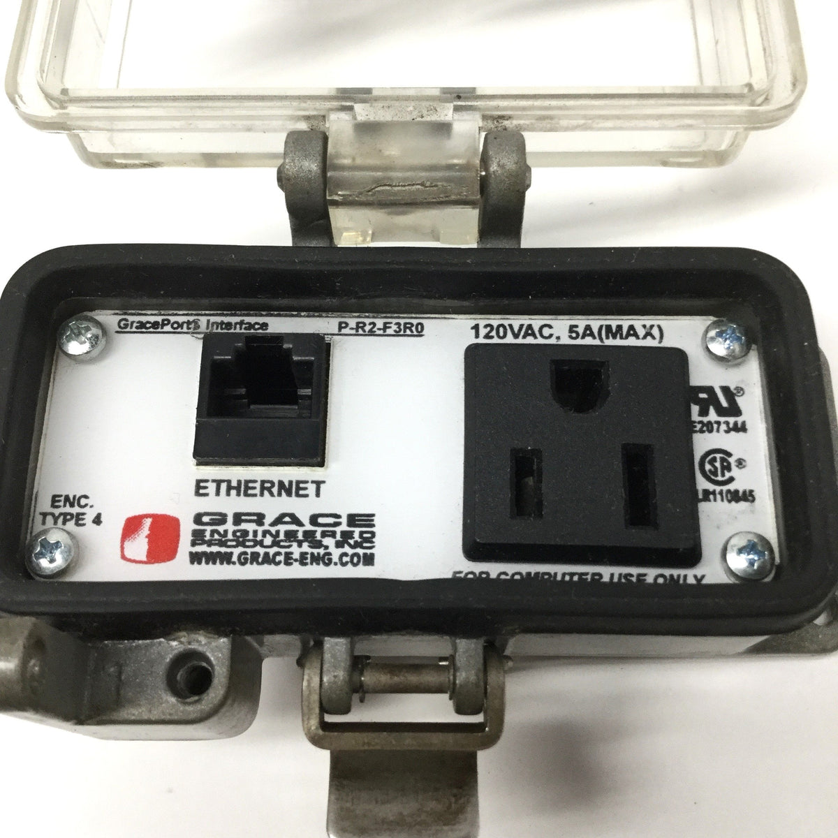 Used Grace P-R2-F3R0 Enclosure Panel Interface RJ45 Ethernet Simplex Outlet 120VAC 5A