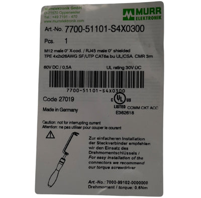 New Murrelektronik 7700-551101-S4X0300, M12-RJ45 8-Pin, CAT6A Ethernet, 600 VAC, 3m