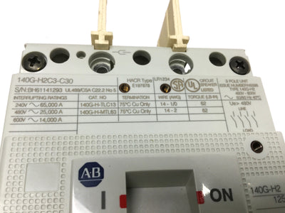 Used Allen Bradley 140G-H2C3-C30 Circuit Breaker 3-Pole, 30A 600VAC/500VDC, H-Frame