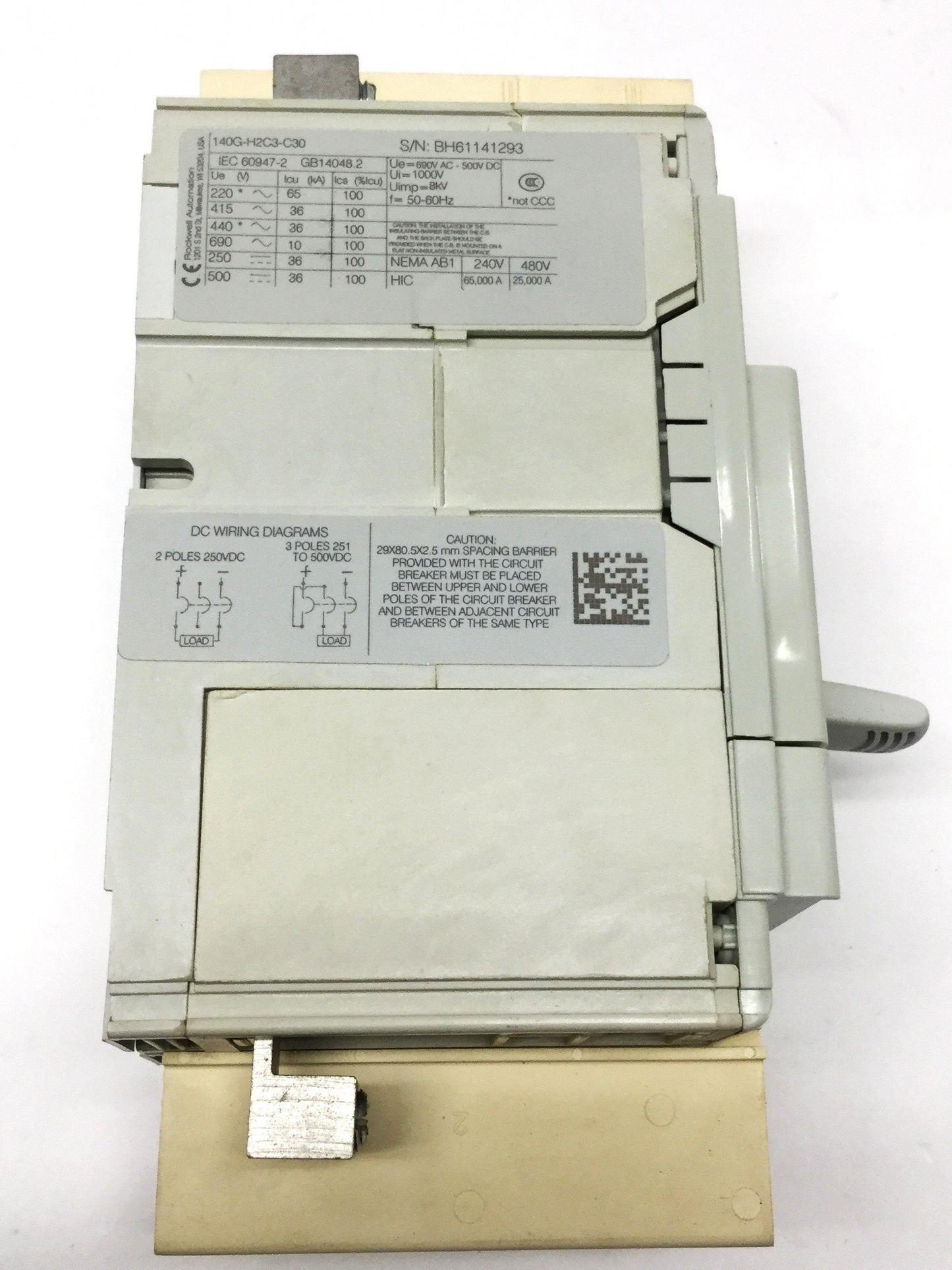 Used Allen Bradley 140G-H2C3-C30 Circuit Breaker 3-Pole, 30A 600VAC/500VDC, H-Frame