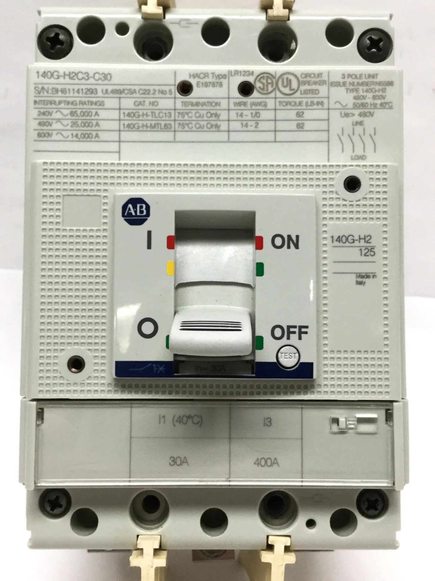 Used Allen Bradley 140G-H2C3-C30 Circuit Breaker 3-Pole, 30A 600VAC/500VDC, H-Frame