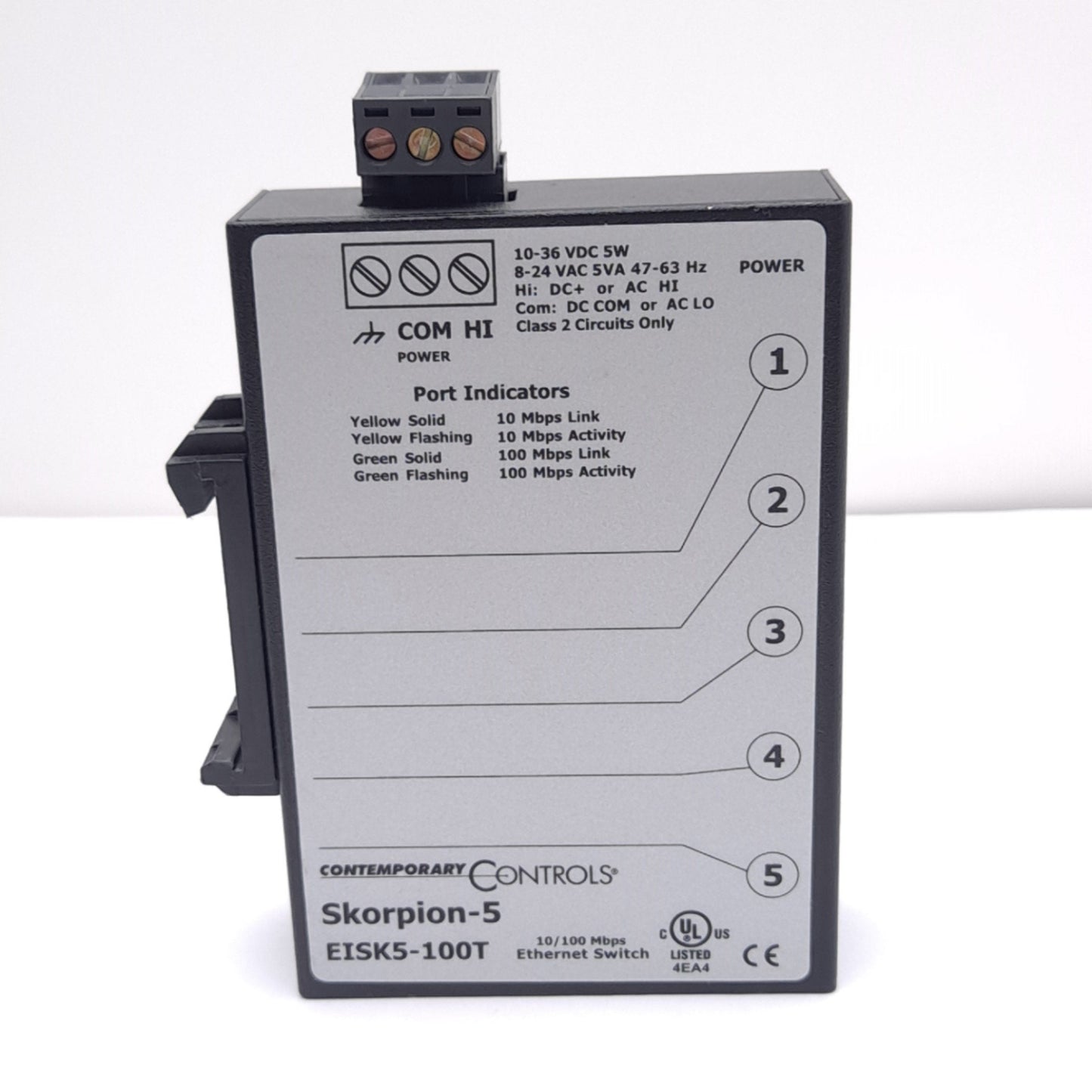 Used Contemporary Controls EISK5-100T Ethernet Switch, 5-Port RJ45, 24VAC/DC, 100Mbps