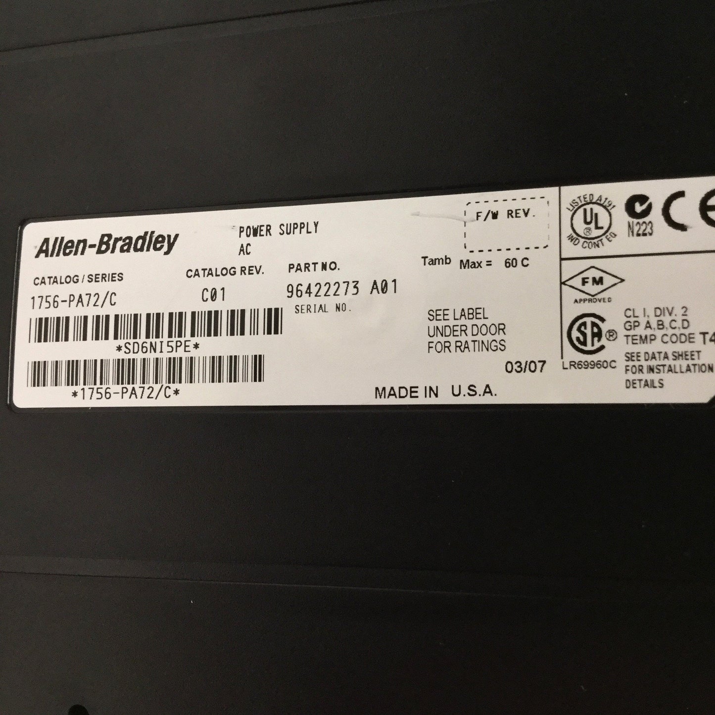Used Allen Bradley 1756-PA72/C ControlLogix PLC Power Supply w/ A10 Rack Chassis