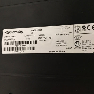 Used Allen Bradley 1756-PA72/C ControlLogix PLC Power Supply w/ A10 Rack Chassis