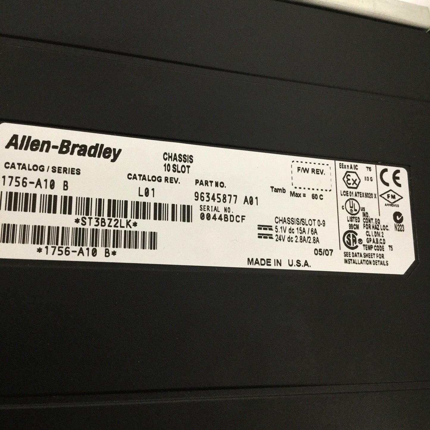 Used Allen Bradley 1756-PA72/C ControlLogix PLC Power Supply w/ A10 Rack Chassis