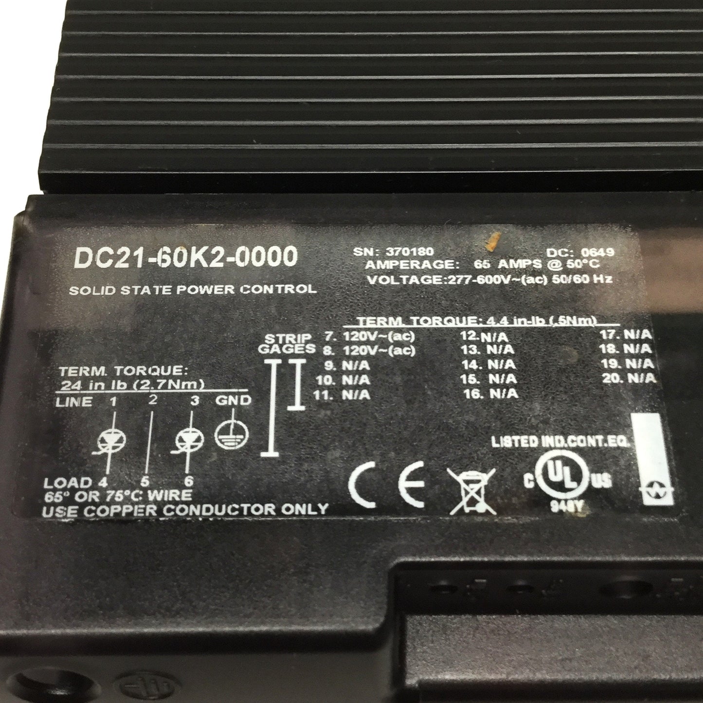 Used Watlow DC21-60K2-0000 DIN-A-MITE Power Controller 277-600VAC, 3-Phase, 65A