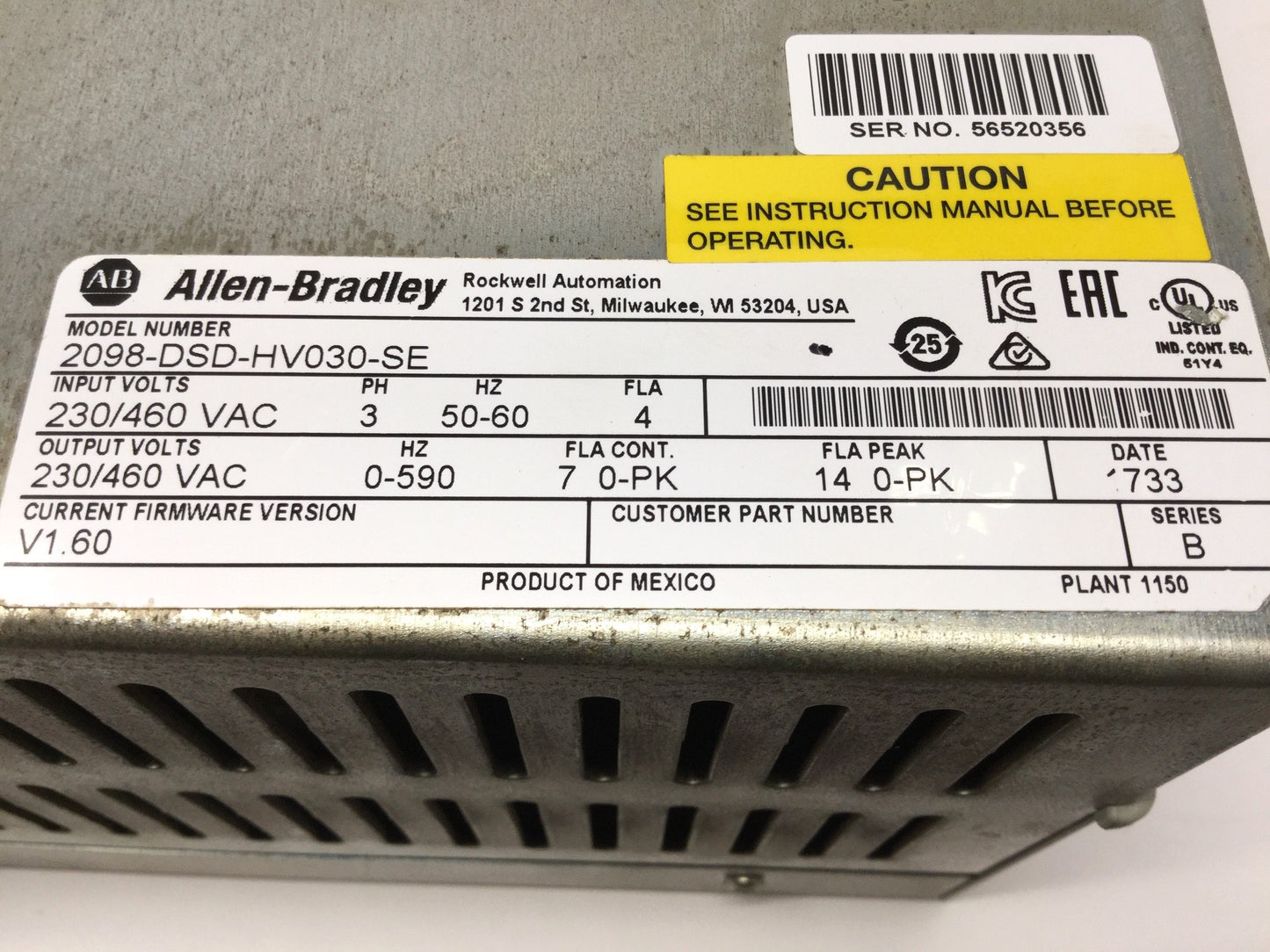 Used Allen Bradley 2098-DSD-HV030-SE V1.6 Ultra3000 Servo Drive 7A 3Ø 230/460V