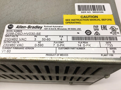 Used Allen Bradley 2098-DSD-HV030-SE V1.6 Ultra3000 Servo Drive 7A 3Ø 230/460V