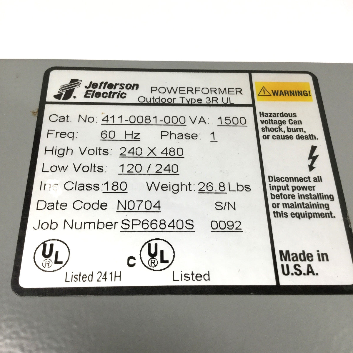 Used Jefferson 411-0081-000 Powerformer Transformer 1.5kVA 240X480V Hi, 120/240V Lo