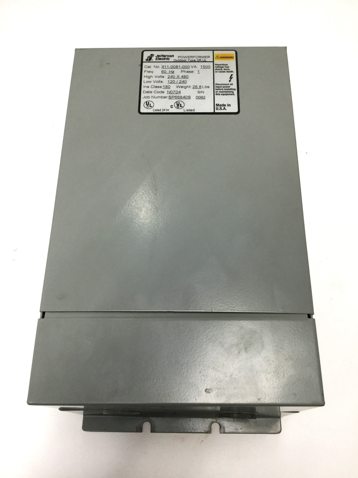 Used Jefferson 411-0081-000 Powerformer Transformer 1.5kVA 240X480V Hi, 120/240V Lo