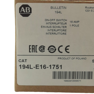New Allen Bradley 194L-E16-1751 Load/Disconnect Switch, 1-Pole, 690VAC 16A Contact