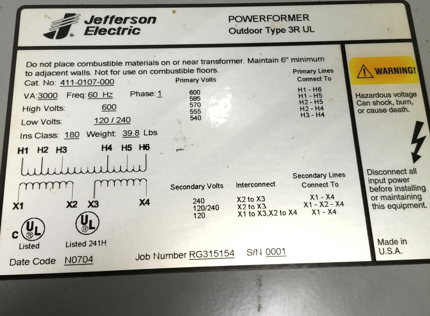 Used Jefferson 411-0107-000 Powerformer Transformer 3kVA 600V High, 120/240V Low