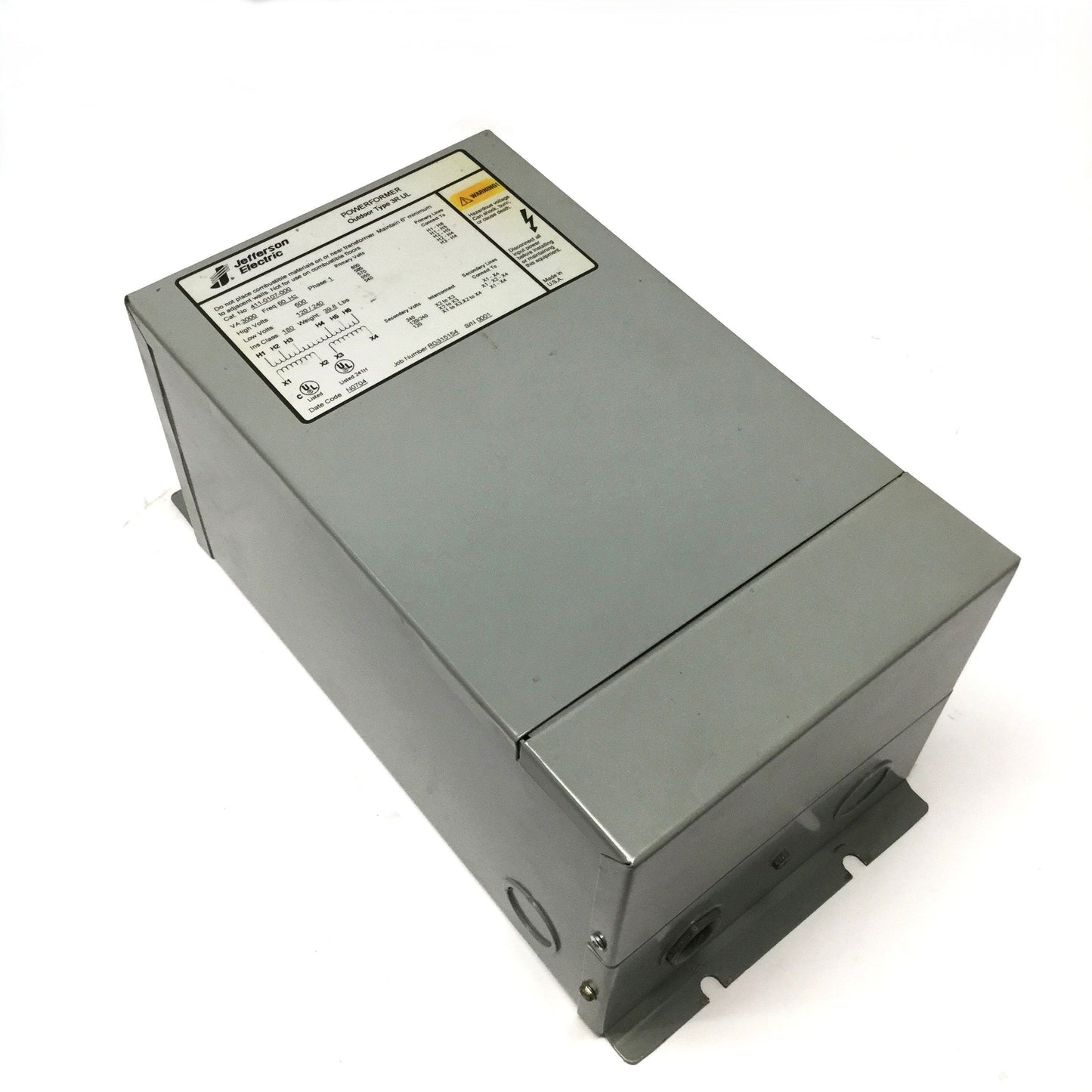 Used Jefferson 411-0107-000 Powerformer Transformer 3kVA 600V High, 120/240V Low