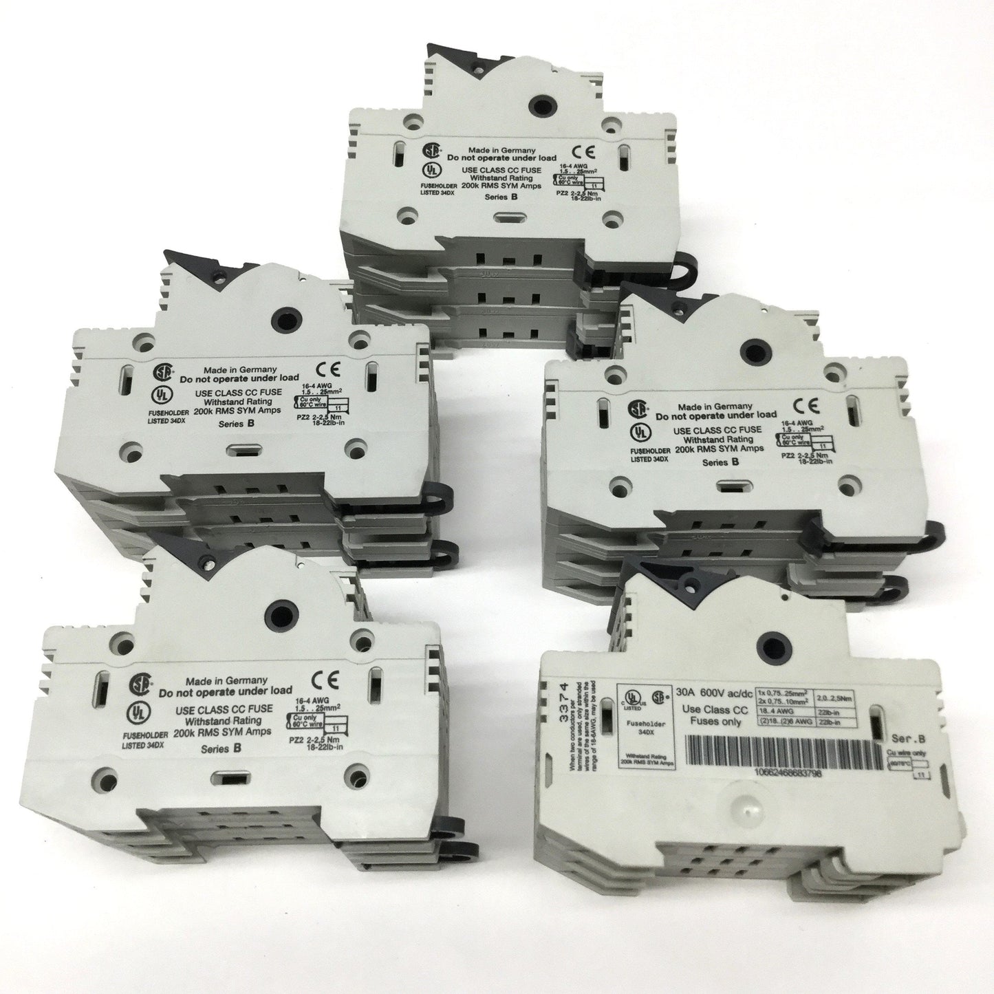Used Lot of 5 Allen Bradley 1492-FB3C30-L Class CC Fuse Holder Block, 3-Pole 600V 30A