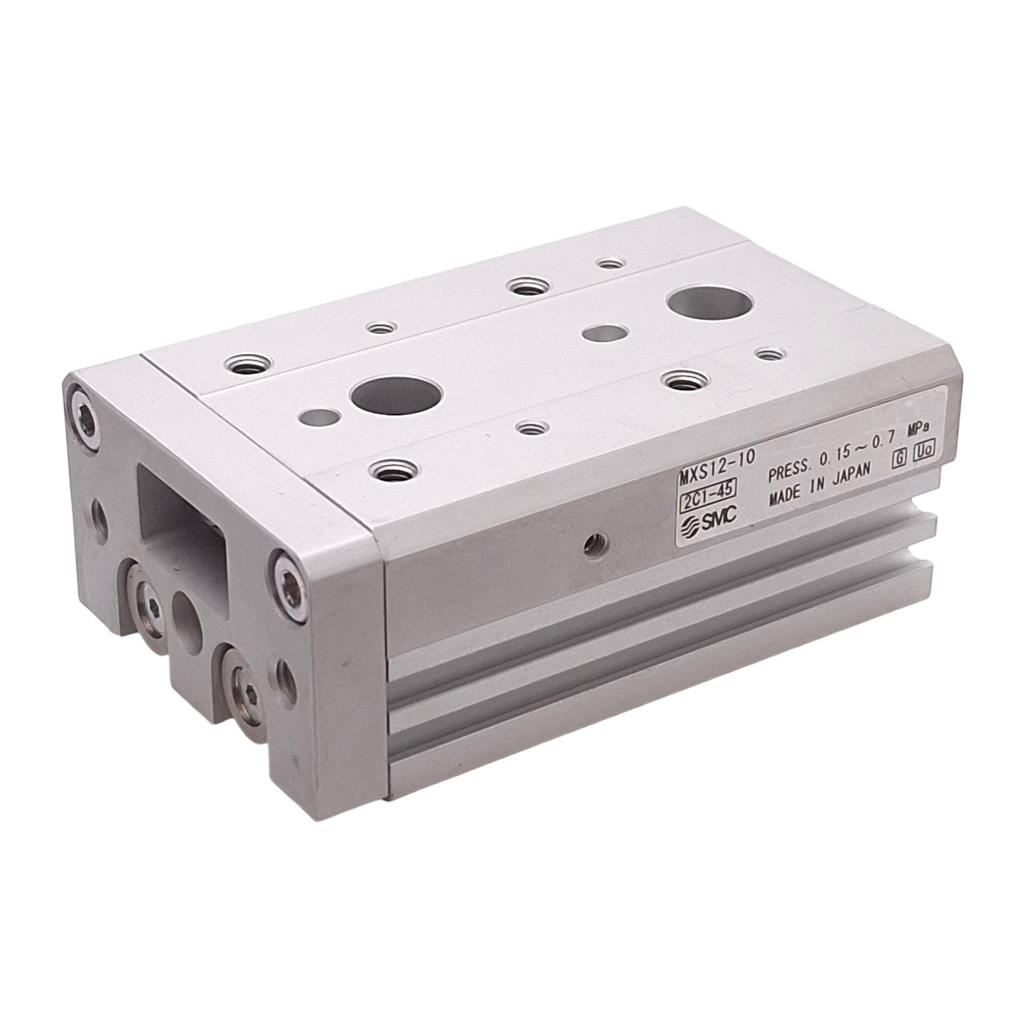 Used SMC MXS12-10 Slide Table, ø12mm Bore, 10mm Stroke, 0.15-0.7MPa, M5x0.8 Ports
