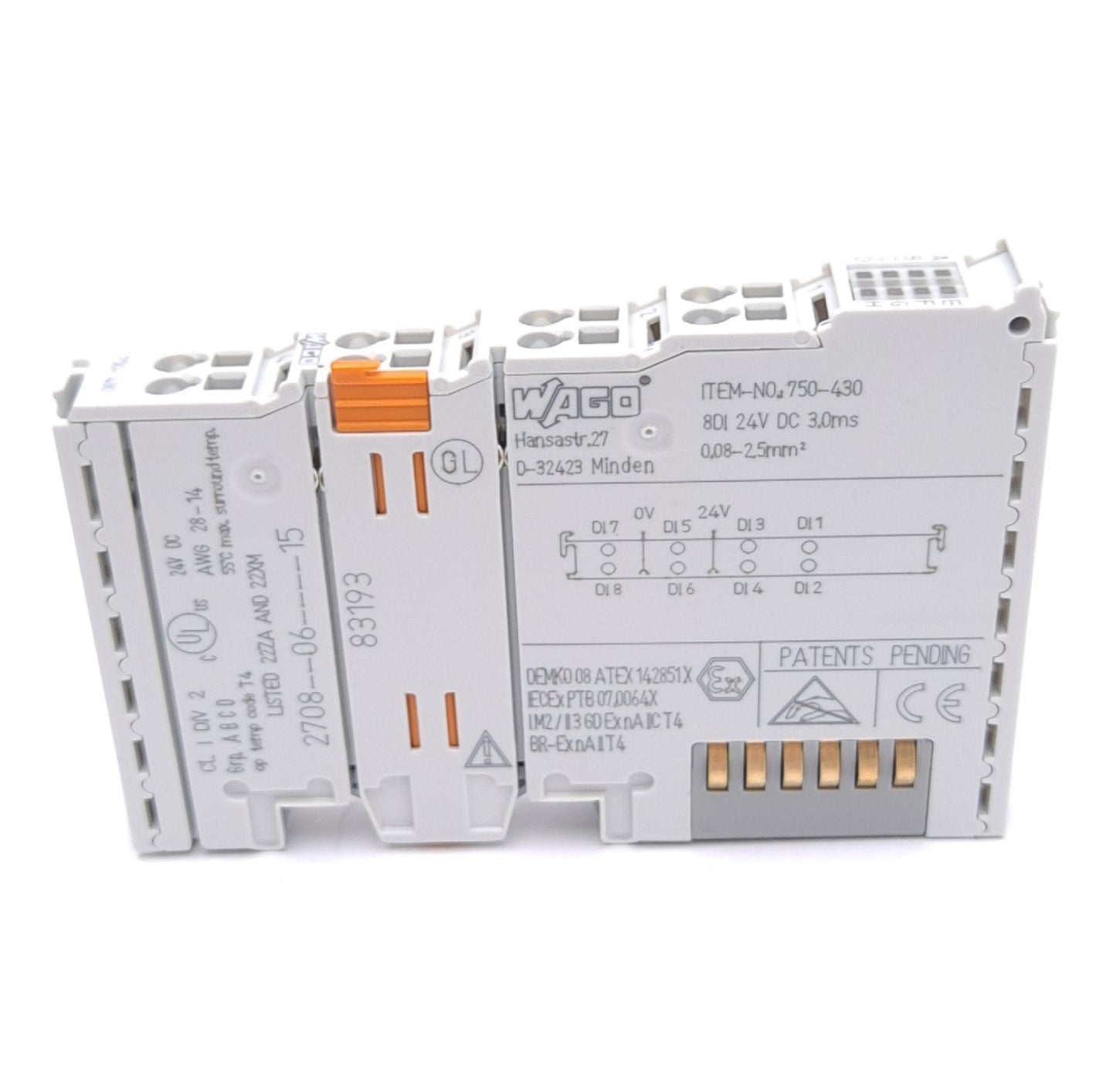 Used Wago 750-430 Digital Input Module, 8-Channel DI, 24VDC, 3ms, Cage Clamp, DIN