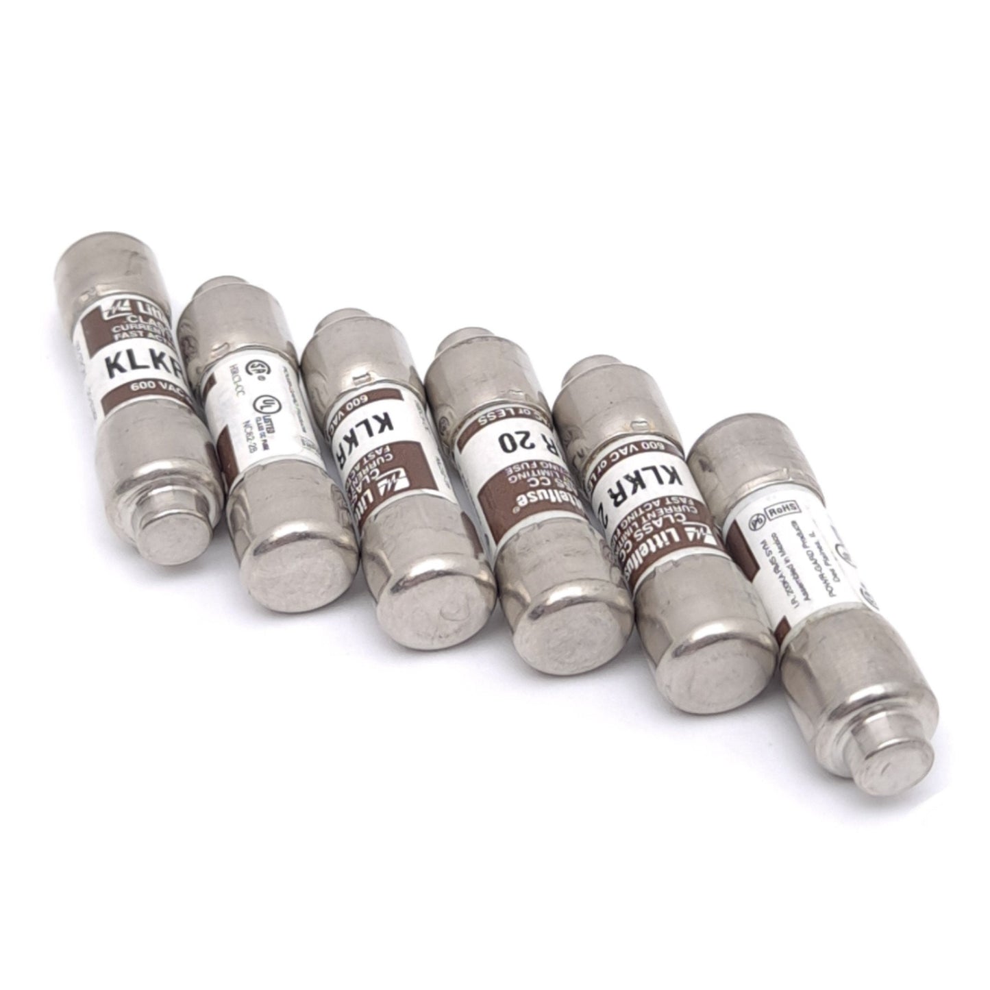 Used Lot of 6 Littelfuse KLKR-020 Class CC Fuses, 20A 600VAC, 200kA Interrupt