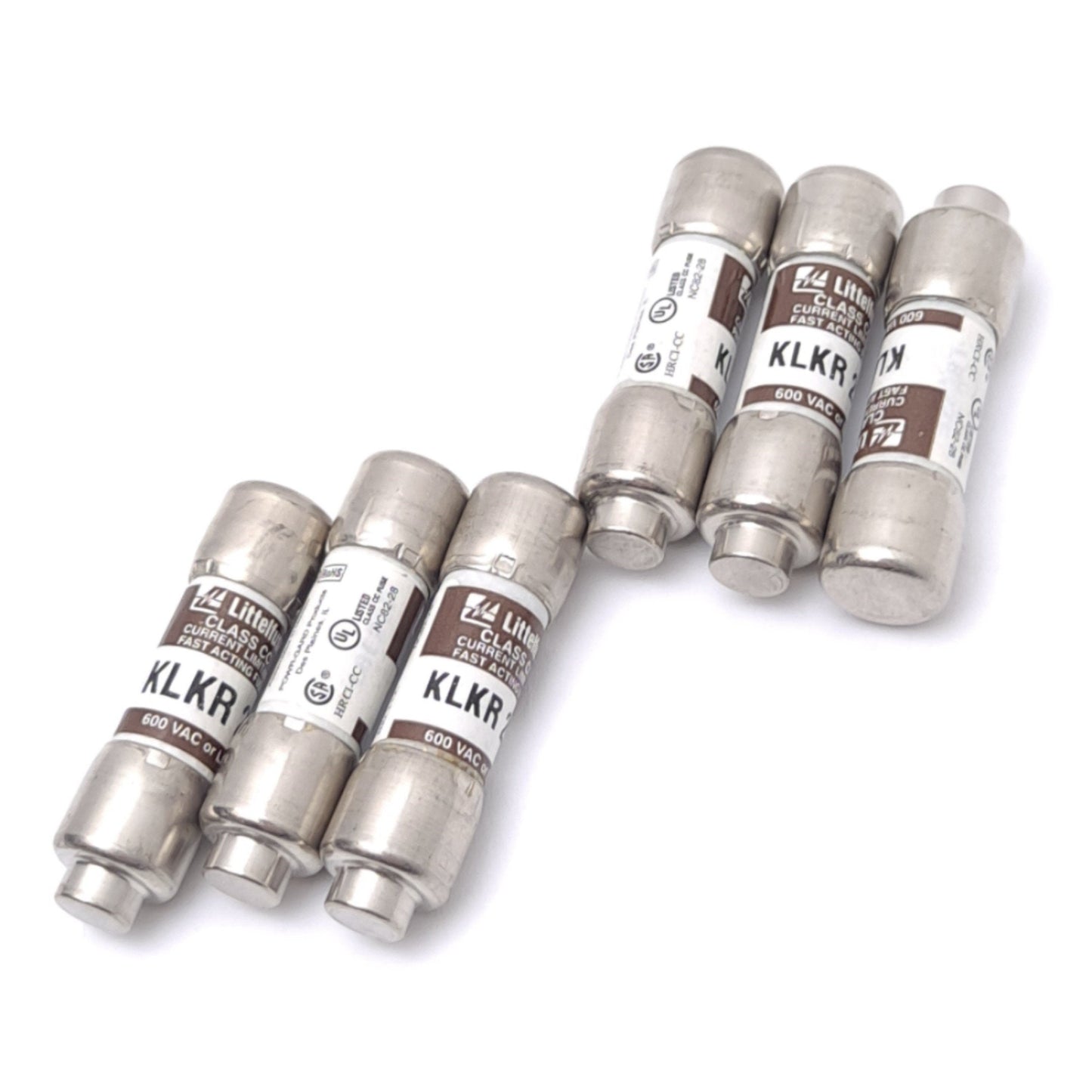 Used Lot of 6 Littelfuse KLKR-020 Class CC Fuses, 20A 600VAC, 200kA Interrupt