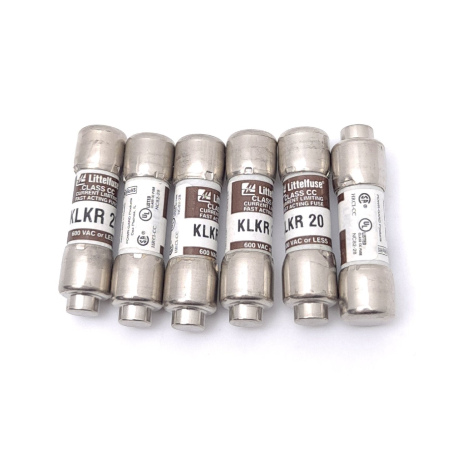 Used Lot of 6 Littelfuse KLKR-020 Class CC Fuses, 20A 600VAC, 200kA Interrupt