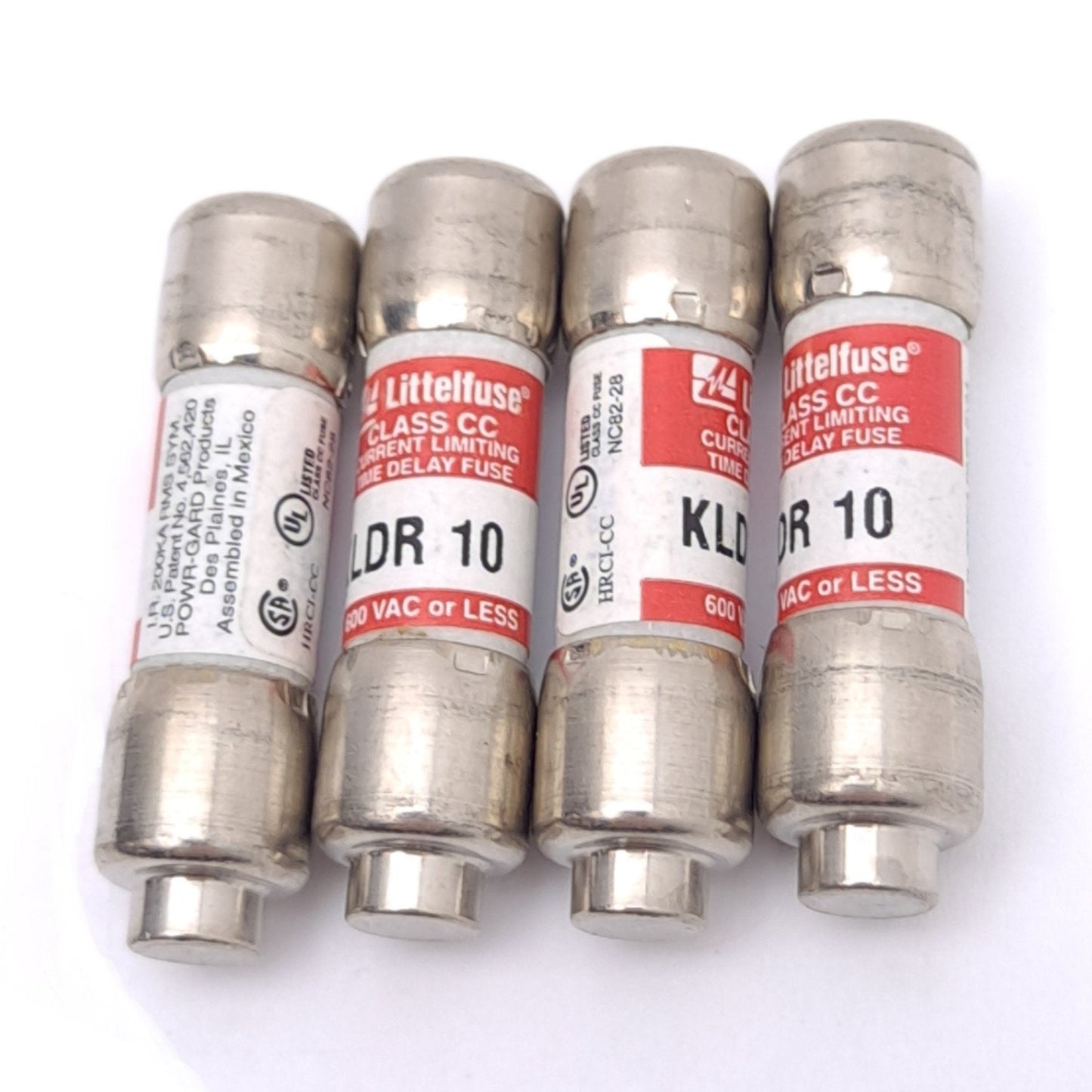 Used Lot of 4 Littelfuse KLDR-010 Class CC Fuses, 10A 600VAC, 200kA Interrupt
