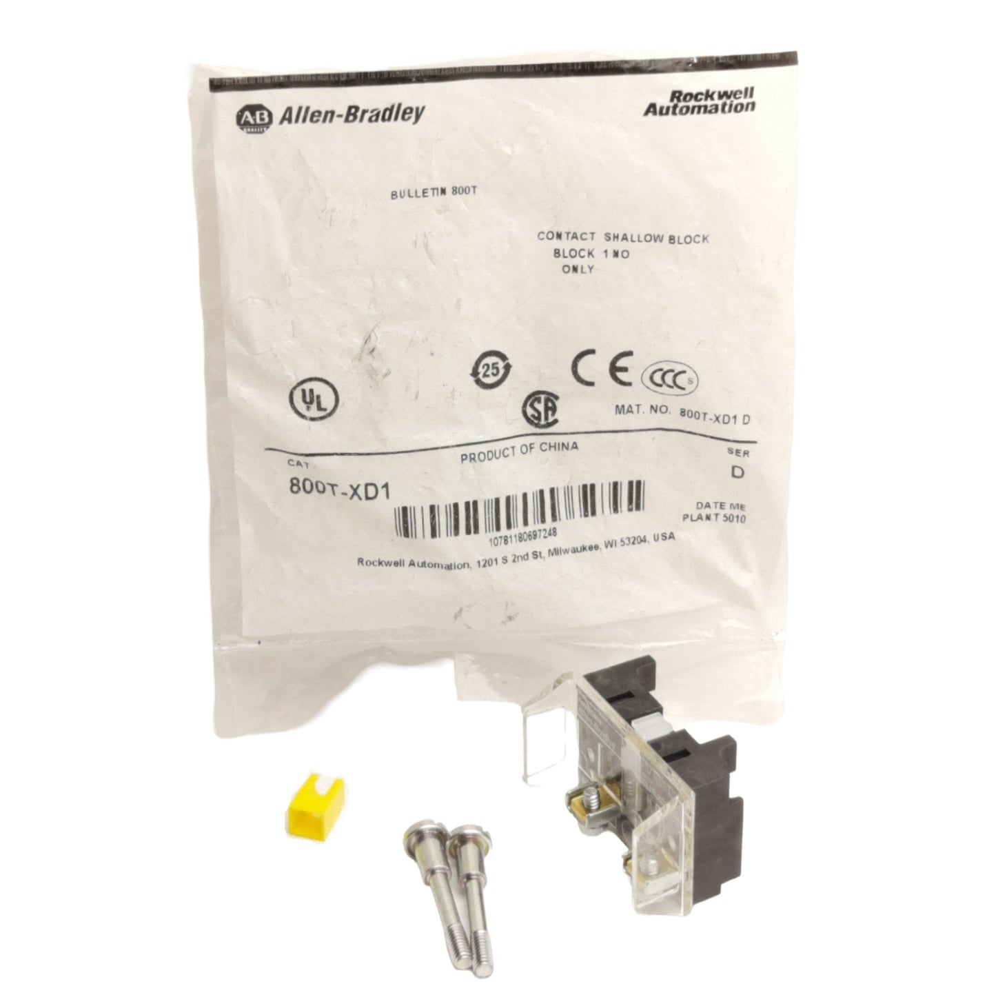 New Allen Bradley 800T-XD1 Shallow Contact Block 1x NO 600VAC 10A, Type 4/13 30mm