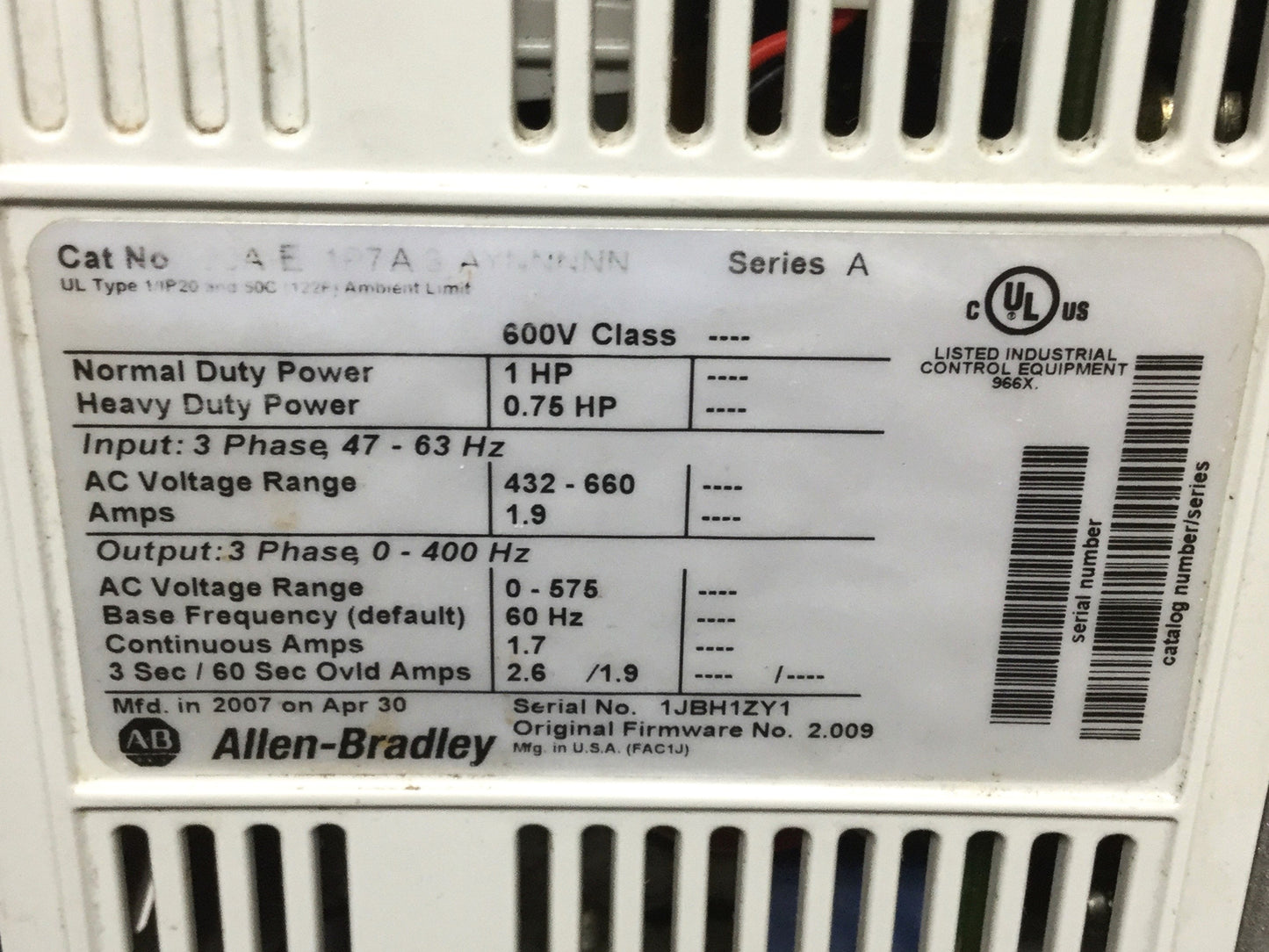 Used Allen Bradley 20A-E-1P7 PowerFlex 70 AC Variable Frequency Drive VFD 1HP 600V 3Ø