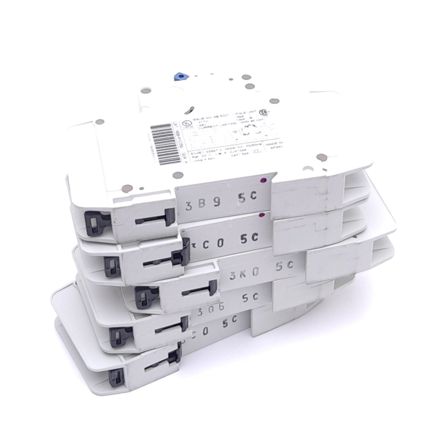 Used Lot of 5 Allen Bradley 1489-A1C050 Circuit Breakers, 1-Pole, 5A, 277VAC/48VDC