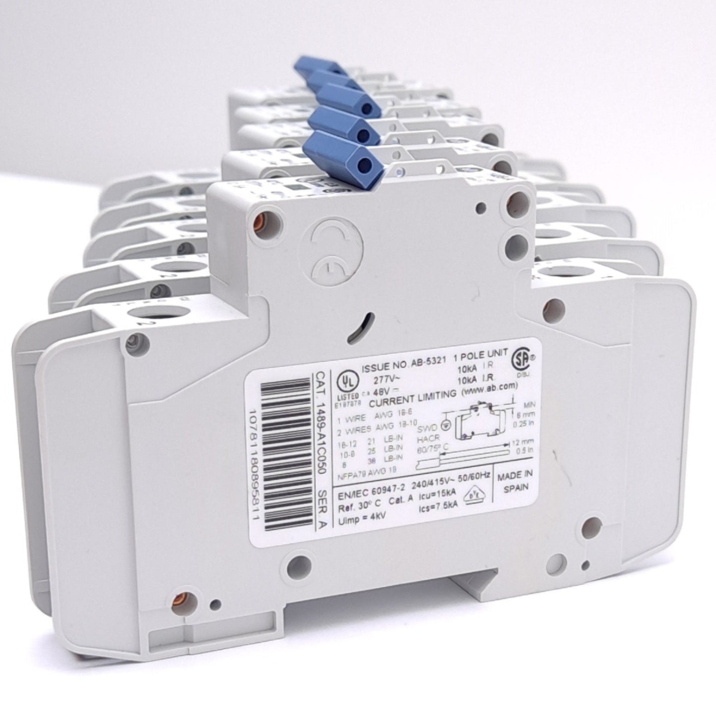 Used Lot of 5 Allen Bradley 1489-A1C050 Circuit Breakers, 1-Pole, 5A, 277VAC/48VDC