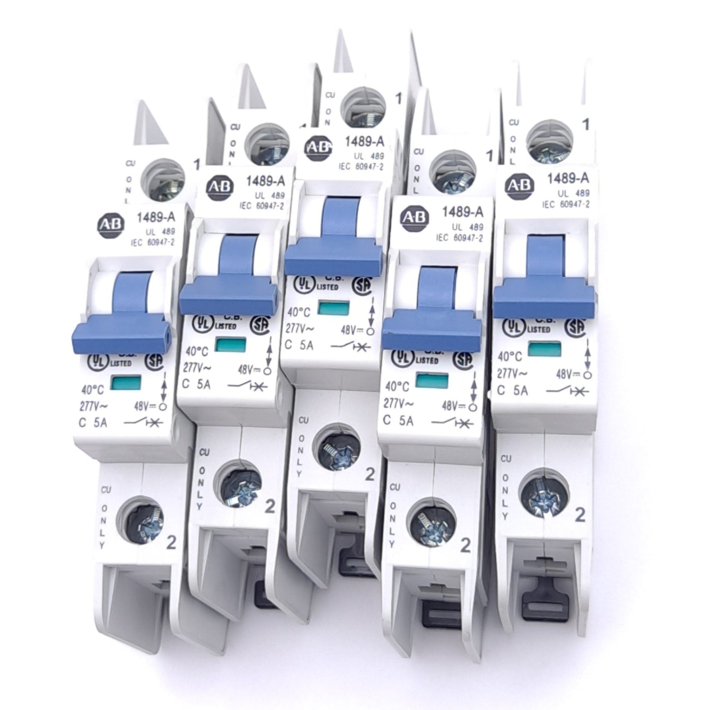 Used Lot of 5 Allen Bradley 1489-A1C050 Circuit Breakers, 1-Pole, 5A, 277VAC/48VDC